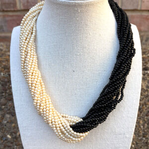 Vintage Joan Rivers Multi Strand Black & Cream Seed Beads Twist‎ Necklace 17"